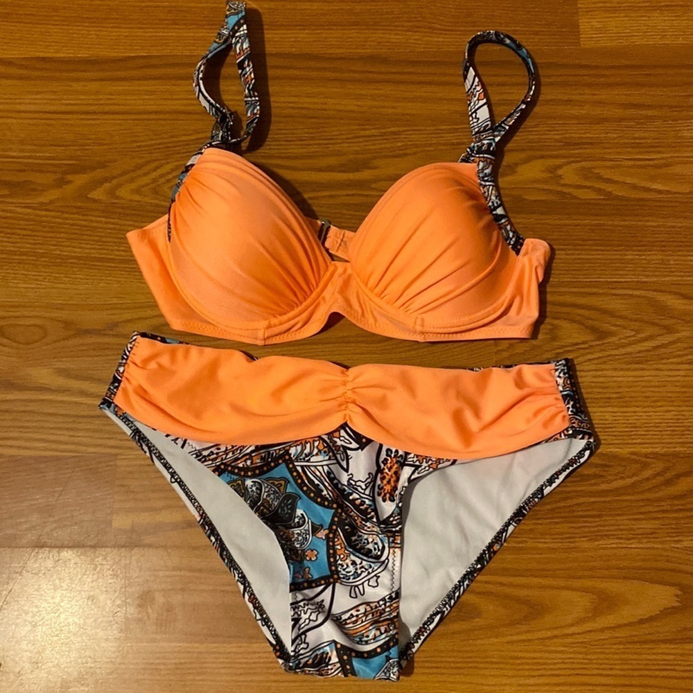 Orange and Patterned Women's Bikini Set